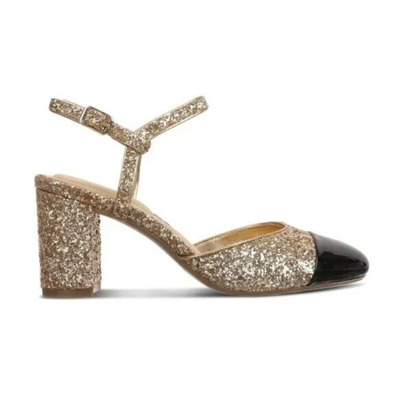 On 34th Dotti Cap Toe Block Heel Pumps Gold Black 7 Ankle Strap $70 - Picture 1 of 4